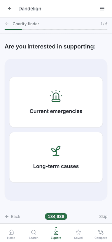 The charity finder questionnaire on Dandelign, shown on a phone