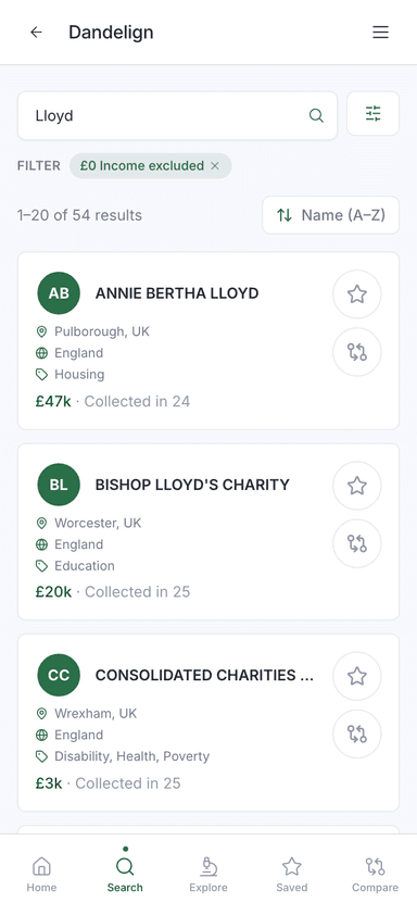 Charity search results on Dandelign, shown on a phone